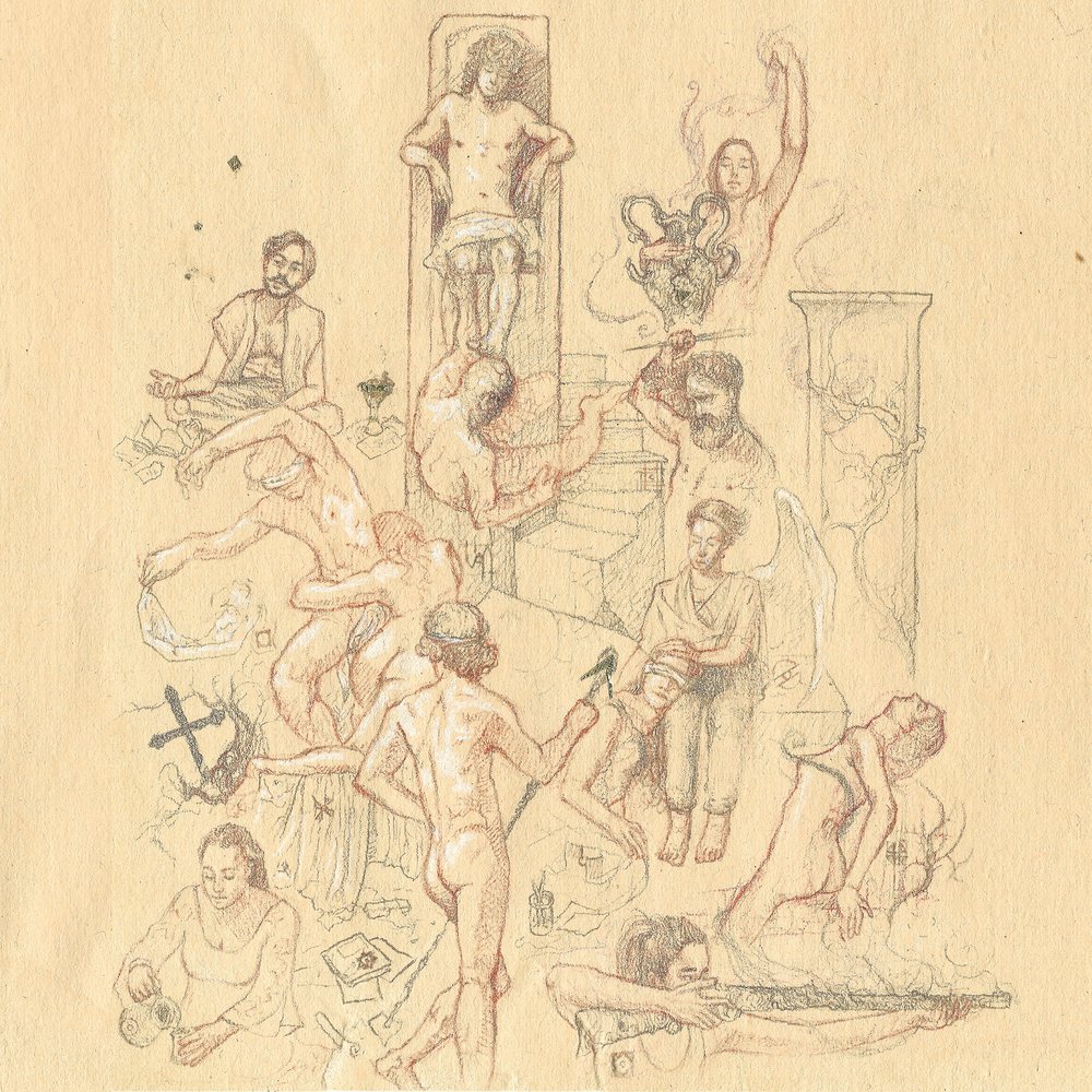 Illustrazione a matita e sanguigna di corpi in movimento intorno a un trono, per Danza Macabra
